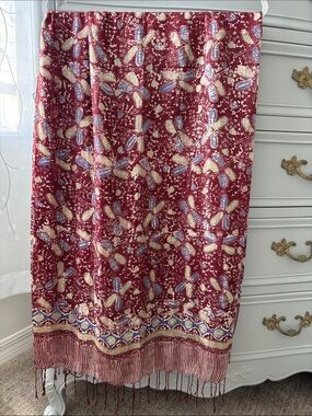 Artisan Hand-Block Cotton-Silk Blend Sarong Maroon Dragonfly Pareo Beach Wrap